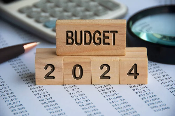 Tahta bloklar üzerine, veri analizi ve ofis kavramı içeren 2024 bütçe metni. Bütçe kavramı.