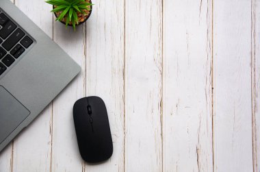 Dizüstü bilgisayarın üst görüntüsü, masa bitkisi ve fare beyaz ahşap masa üzerinde yazı için özelleştirilebilir alan. Boşluğu kopyala.