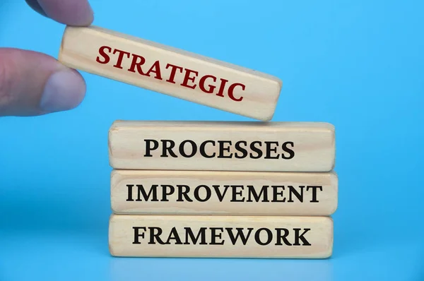 Ramtext För Strategisk Processförbättring Träklossar Affärskultur Och Kvalitet Verksamheten — Stockfoto