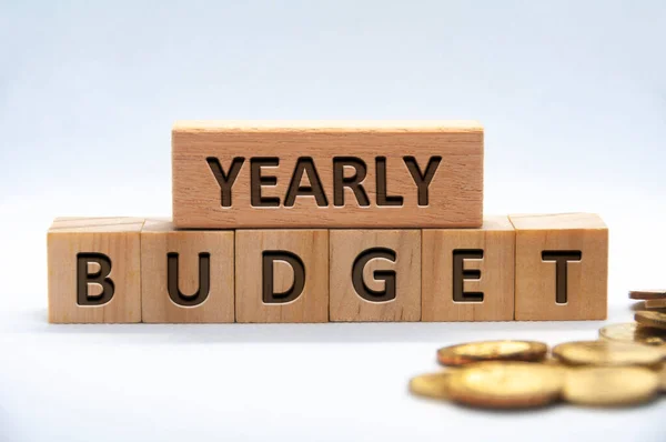 Årlig Budgettext Ingraverad Träklossar Vit Bakgrund Omslag Affärs Och Budgetkoncept — Stockfoto