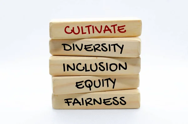 Cultivate diversity, inclusion, equity and fairness text on wooden blocks.