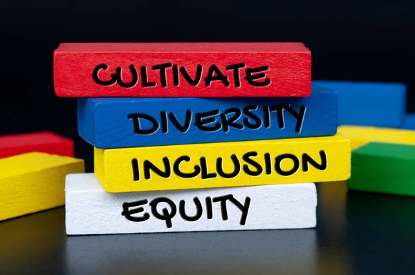 Cultivate diversity, inclusion and equity text on colorful wooden blocks. Respect and diversity concept.