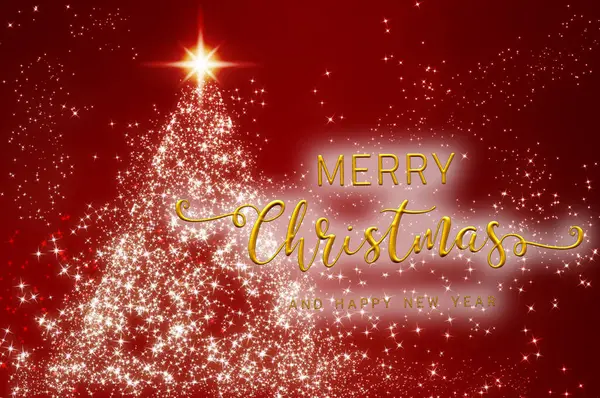 Merry Christmas wishes with shining Christmas tree on red background. Christmas celebration