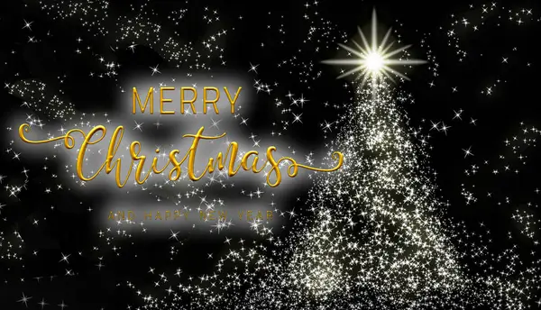 Merry Christmas wishes with shining Christmas tree on dark background. Christmas celebration