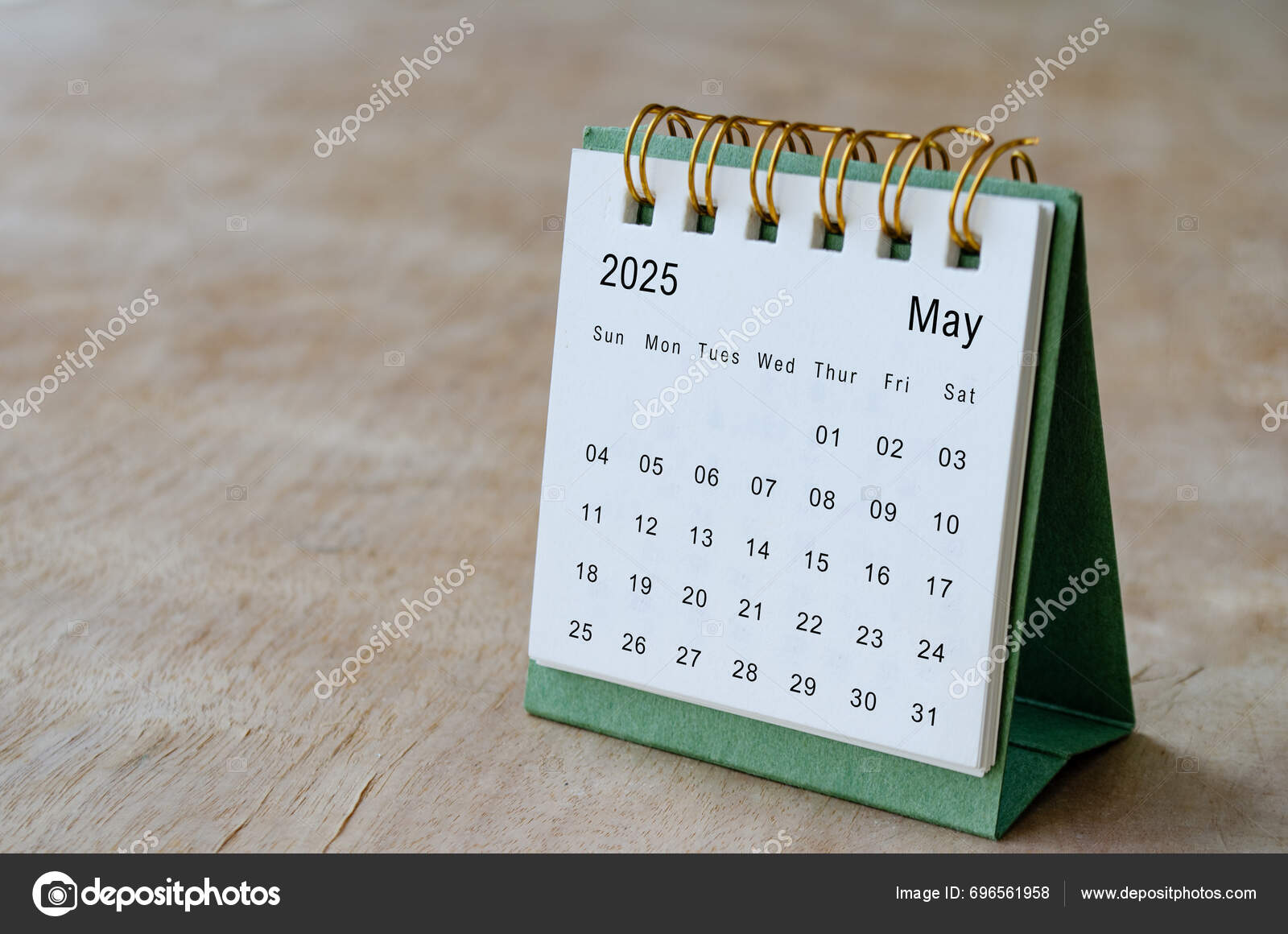 May 2025 Table Calendar Wooden Desk Customizable Space Text Copy Stock