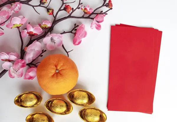 Top view of red packet with customizable space for text or greetings. Lunar celebrations and copy space