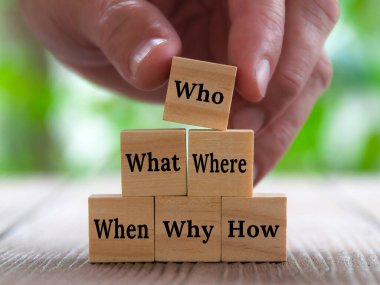 Tahta blokları nasıl, neden, neden, ne zaman, nerede, kim yazısıyla dizmek. Gerçekleri bulma kavramı.