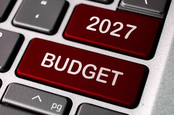 2027 budget words on laptop keyboard buttons. Budgeting and Business concept.