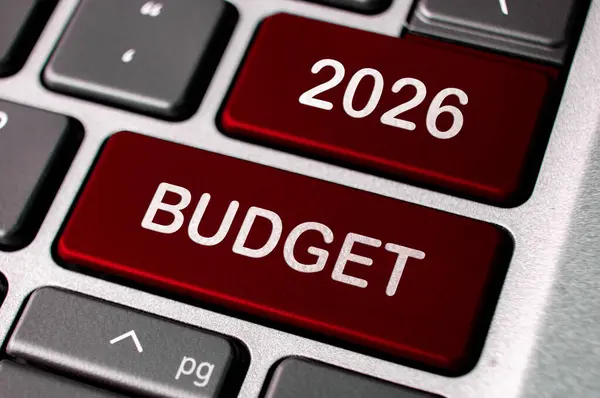 2026 budget words on laptop keyboard buttons. Budgeting and Business concept