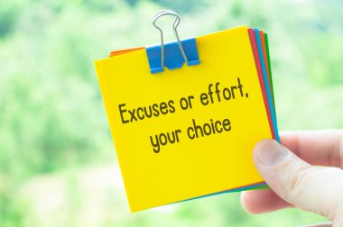 Excuses or effort, your choice text on sticky notes with bright nature background. clipart