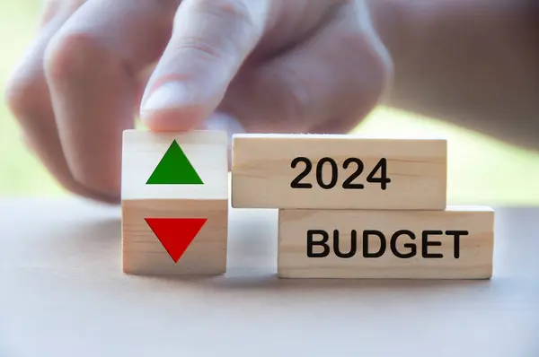 Budget 2024 text on wooden blocks with indication budget up and down. Budgeting concept.