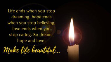 Make life beautiful quotes with candle lighting in the dark. Motivational concept. clipart