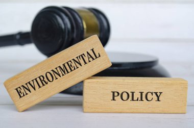 Tahta bloğa oyulmuş, bulanık tokmak arkaplanlı çevre politikası metni.