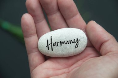 Taşa kazınmış harmoni yazısıyla el ele tutuşan Zen Taşı. Yaşam uyumu kavramı