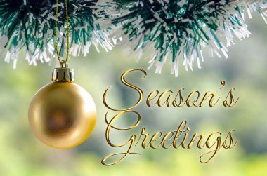 Seasons Greetings wishes with golden Christmas ball background. Christmas celebration concept. clipart