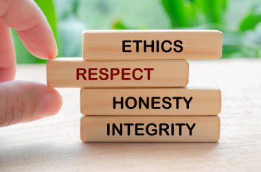 Ethics, respect, honesty and integrity text on wooden blocks with blurred nature background. clipart