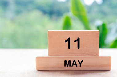 11 Mayıs 'ta mesajlar ve mesajlar için özelleştirilebilir alanı olan tahta bloklar üzerinde metin. Ay ve kopyalama alanı kavramı.