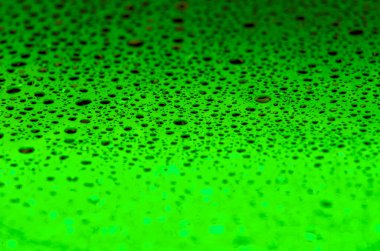 Metin veya fikirler için özelleştirilebilir alanı olan koyu yeşil arkaplan üzerine yağmur damlacıkları.