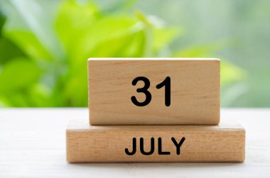 31 Temmuz takvim metni ahşap bloklar üzerinde kişiselleştirilebilir metin alanı ile. Takvim kavramı