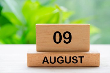 9 Ağustos 'ta tahtadan bloklar üzerine yazılan metin ve fikirler için özelleştirilebilir alan. Ağustos ayı ve takvim kavramı