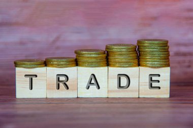 Altın sikkeleri istifleyerek tahta küplere yazı yaz. İş konsepti.