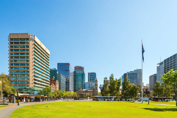 Adelaide, Australia - September 27, 2019: Adelaide city buildings viewed across Victoria Square on a bright day