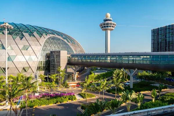 Changi Havalimanı, Singapur - 24 Ocak 2020: Changi Havalimanı, gün batımında terminaller arasında köprüsü olan fütüristik görüntüler