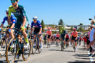 Adelaide, Güney Avustralya - 20 Ocak 2024: Santos Tour Down Yarış Altında Düşün! Yol Güvenliği Sahnesi 5 Christies Sahnesi - Willunga Tepesi, Onkaparinga 'nın ev sahipliğini yaptığı Christies Beach Korosu' nda dünyanın dört bir yanından bisikletçilerle başlıyor. 