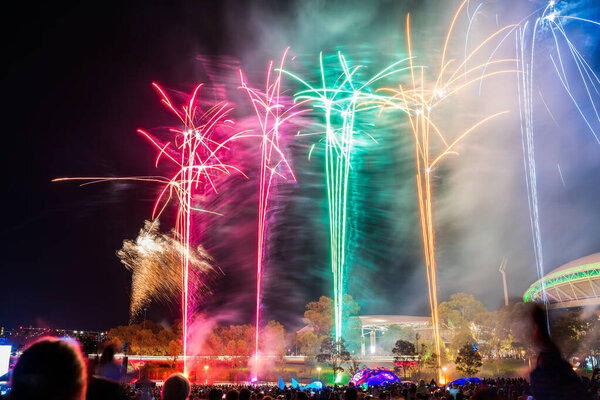 People watching fireworks on Australia Day in Adelaide City at night time