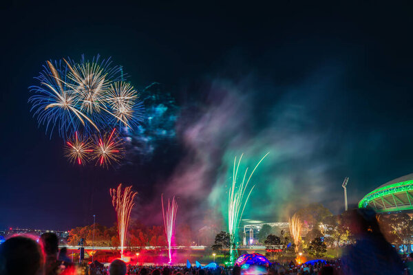 Fireworks display on Australia Day in Adelaide City at night time