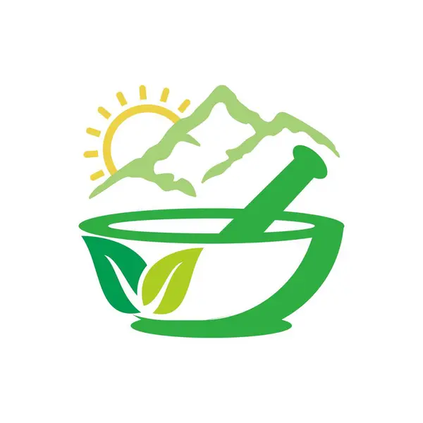 Dağ ve güneş zeminli bitkisel yaprak doğa logosu ve beyaz zemin üzerinde izole havan ve tokmak ile