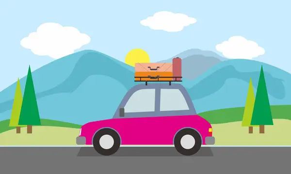 Tatil gezisi araba dağ arka plan görüntü vektörü karikatür çizimi