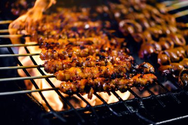 Barbekü şişlerinin çeşitleri et kebabı ve sıcak ızgarada sebzeler.