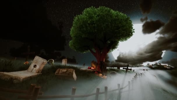 Het Maanlicht Schijnt Door Dikke Rook Die Oude Begraafplaats Omhulde — Stockvideo