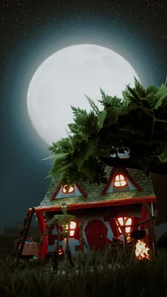 一个骷髅在村子里一个舒适的房子的后面跳舞 万圣节之夜视频明信片的概念 万圣节之夜的美丽概念 垂直录像 — 图库视频影像