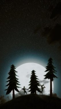 Bir grup komik canavar dolunayın arka planında dans ediyor. Cadılar Bayramı gecesi. Video kartı konsepti. Cadılar Bayramı 'nın güzel konsepti. Dikey video.