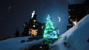 Dağların ortasındaki samimi bir köyün ortasında parlayan güzel bir Noel ağacı manzarası.