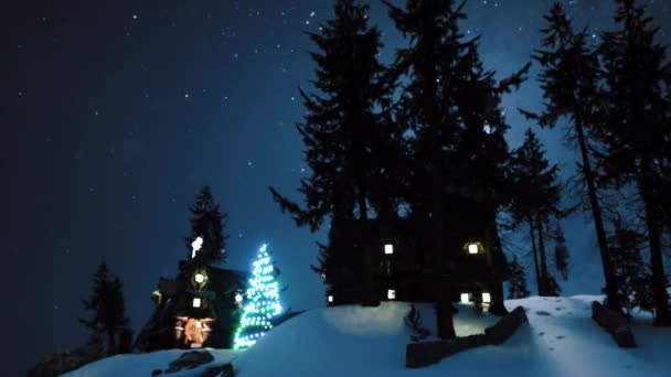 Animierte Videopostkarte Ein Weihnachtsbaum Leuchtet Der Mitte Eines Kleinen Dorfes — Stockvideo