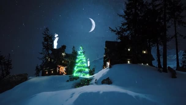 Ein Weihnachtsbaum Leuchtet Der Mitte Eines Kleinen Dorfes Den Bergen — Stockvideo