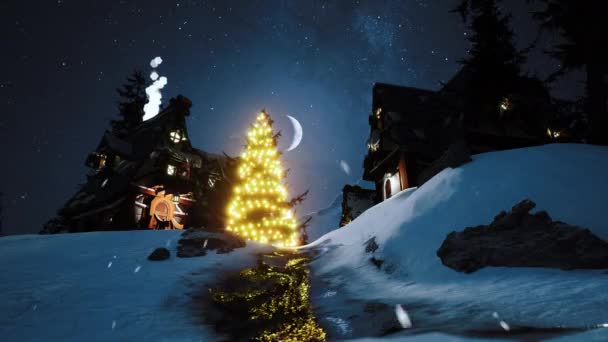 Choinka Świeci Środku Małej Wioski Górach Koncepcja Świąt Bożego Narodzenia — Wideo stockowe