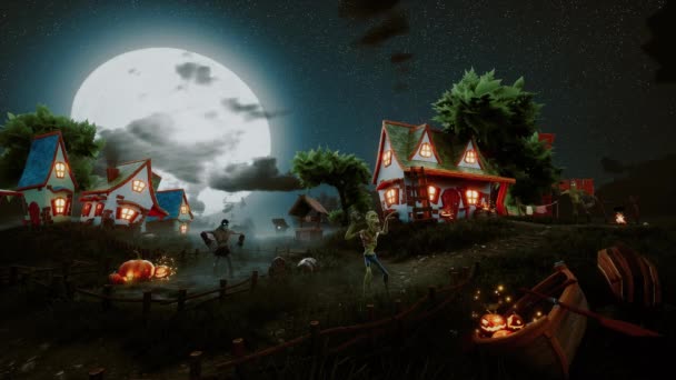 有趣的怪物在一个舒适的村庄的背景下跳舞 万圣节之夜视频明信片的概念 美丽的万圣节之夜的概念 — 图库视频影像