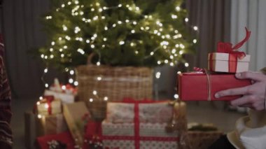 Bir Noel ağacının arka planında, bir erkek bir kıza yeni yıl hediyesi verir. Yakın plan. Yeni yıl tatili kavramı.