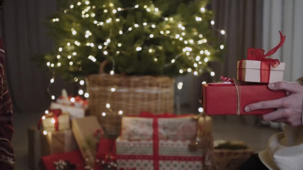 クリスマスツリーを背景に 男は女の子に新年の贈り物を与えます 接近中だ お正月のコンセプト — ストック動画