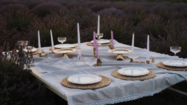ラベンダーフィールドの真ん中に絶対的なビジュアルエクスタシー 休日のテーブル ヴィンテージ料理 エレガントなメガネなど カメラはテーブルから離れ 充填を詳細に示します — ストック動画