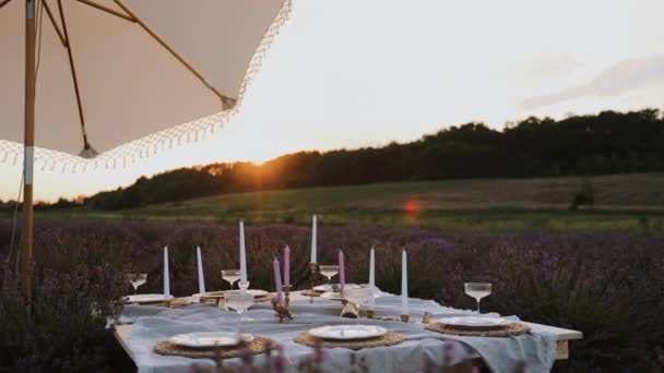 ラベンダーフィールドの真ん中に置かれたお祝いのテーブル 日没時の非現実的な景色と雰囲気 ヴィンテージクロッカー エレガントなグラス 快適なソフトチェア — ストック動画