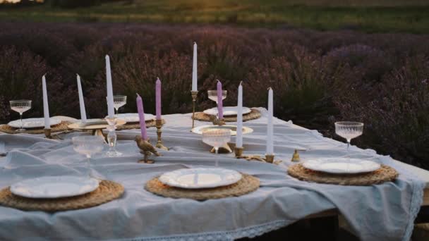 ラベンダーフィールドの真ん中に置かれたお祝いのテーブル 日没の景色と雰囲気 ヴィンテージのクロッカー エレガントなメガネ 快適なソフトチェア スローモーションカメラの動き — ストック動画
