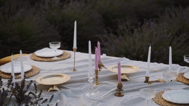 클로즈업 카메라는 라벤더 필드의 중간에 아름답게 테이블을 보여줍니다 빈티지 크로커리 — 비디오