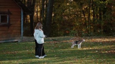 İki tatlı genç kızla tasmalı bir köpek. Şirket sonbahar mevsiminde parkta yürür. Çimlerde bir yürüyüş.