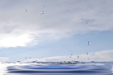 Gösterim sahnesi sunumu için gerçekçi su arkaplanı 3 boyutlu balon ve gökyüzü boş ürün yerleştirmesi 