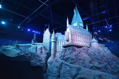 Leavesden, UK - May 18 2018: Hogwarts castle model display at the Making of Harry Potter tour at Warner Bros studio clipart